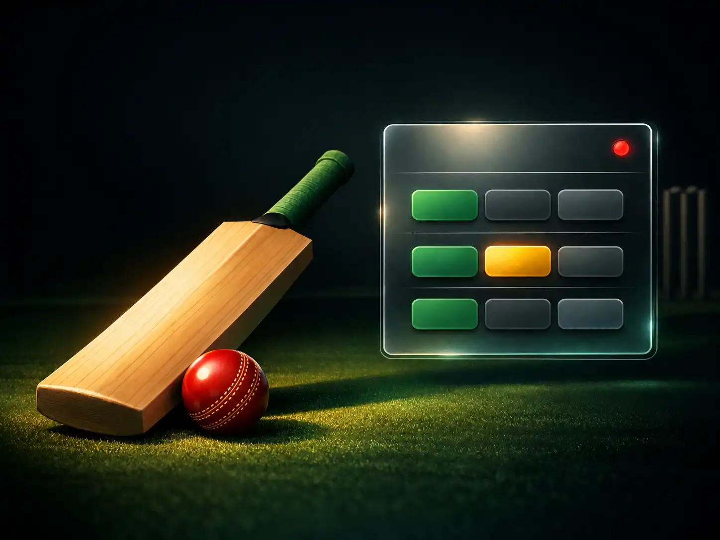 Cricket bat and ball beside a live odds panel showing decimal prices