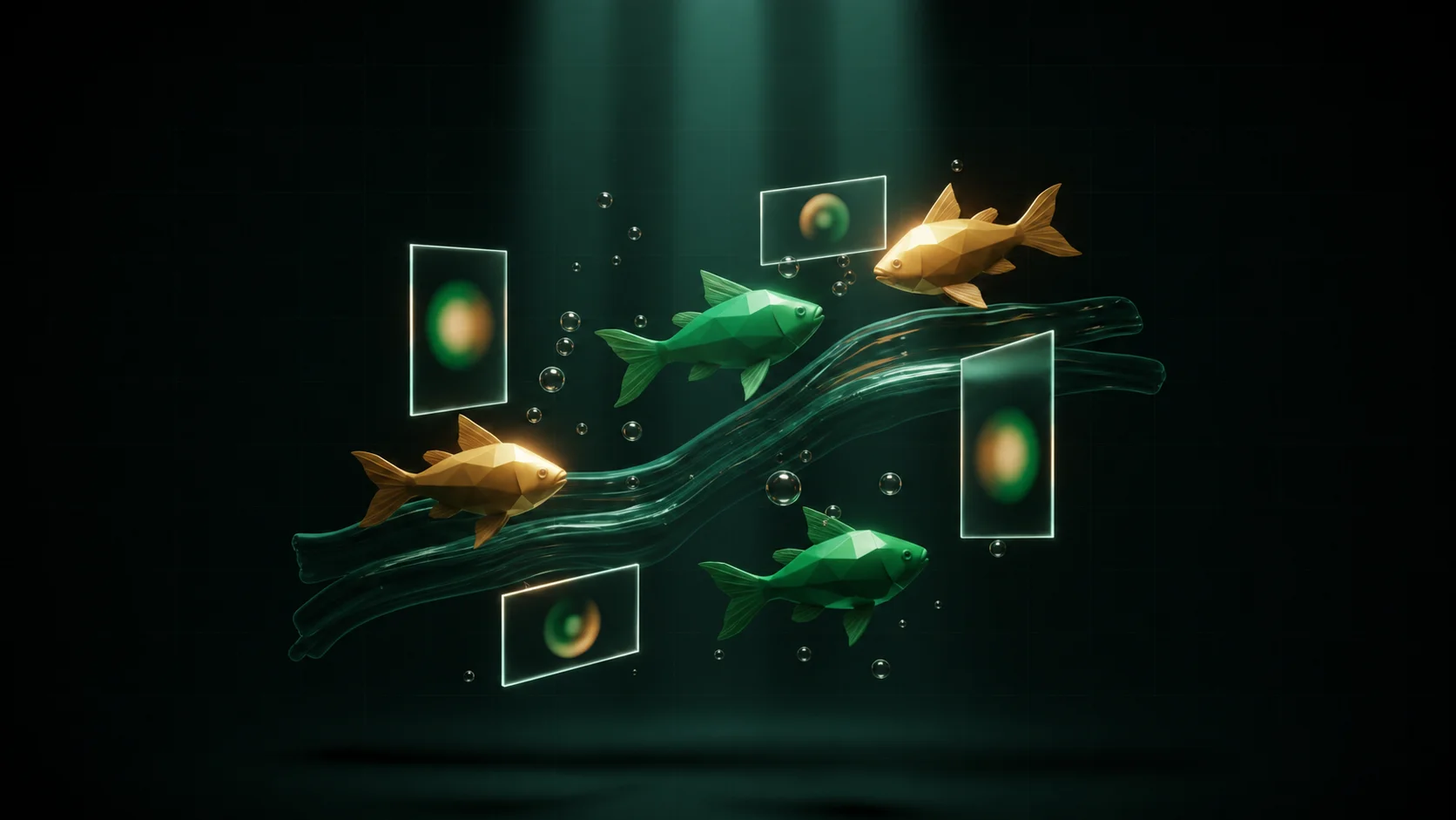 Stylised green and gold fish swimming through dark water in an arcade fishing game